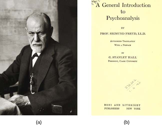Photograph A shows Sigmund Freud. Image B shows the title page of his book, A General Introduction to Psychoanalysis.