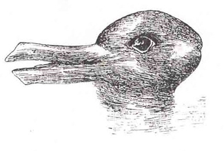 An ambiguous drawing looks like a duck facing to the left but also looks like a rabbit facing to the right.