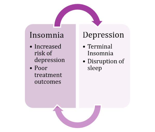 An illustration depicts the relationship between depression and insomnia.