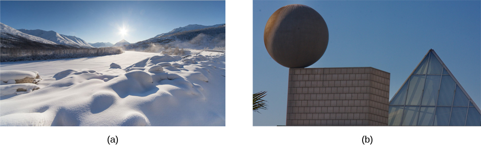 Photograph A shows a snow covered landscape with the sun shining over it. Photograph B shows a sphere shaped object perched atop the corner of a cube shaped object. There is also a triangular object shown.