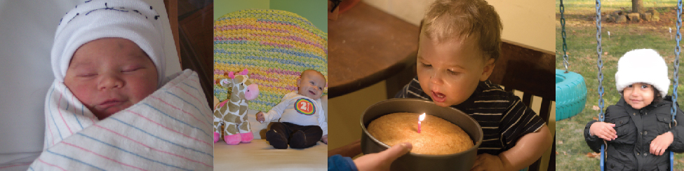 A collage of four photographs depicting babies is shown. From left to right they get progressively older. The far left photograph is a bundled up sleeping newborn. To the right is a picture of a toddler next to a toy giraffe. To the right is a baby blowing out a single candle. To the far right is a child on a swing set.