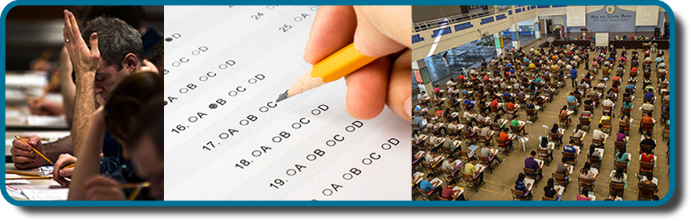 Three photos side by side from left to right show someone looking stressed while taking an exam, a close up of an answer sheet, and a room full of people taking an exam.