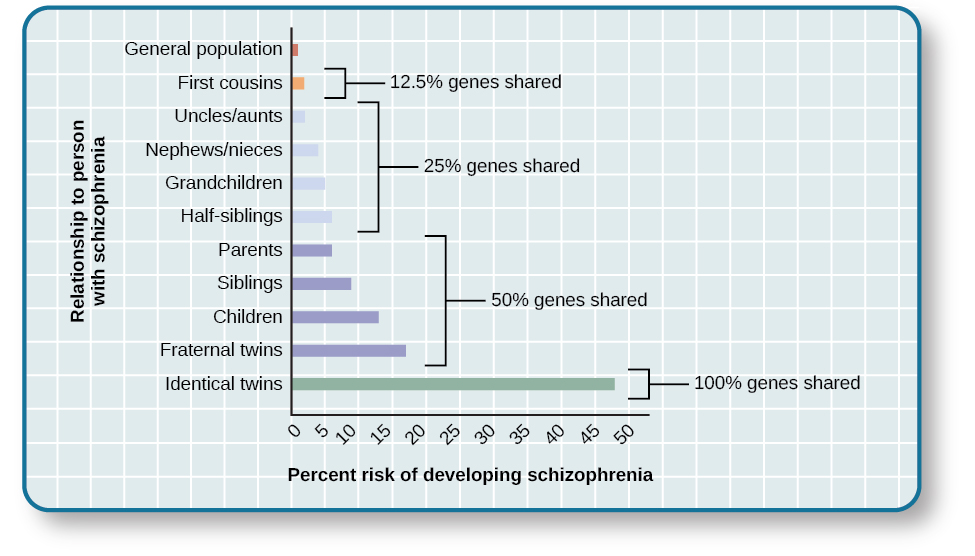 A bar graph has an x-axis labeled “Percent risk of developing schizophrenia” and a y-axis labeled “relationship to person with schizophrenia.” A series of relationships are correlated with the percentage risk, shown with brackets indicating the generic relationship. The general population has a 1% risk. First cousins have 2% risk; they share 12.5% of genes. The next relationships are uncles/aunts, nephews/nieces, grandchildren, and half-siblings; they share 25% of genes and the risk ranges from about 3–6%. The next relationships are parents, siblings, children, and fraternal twins; they share 50% of genes and the risks are about 6, 9, 13, and 17%, respectively. Identical twins share 100% of genes and have about a 48% risk.